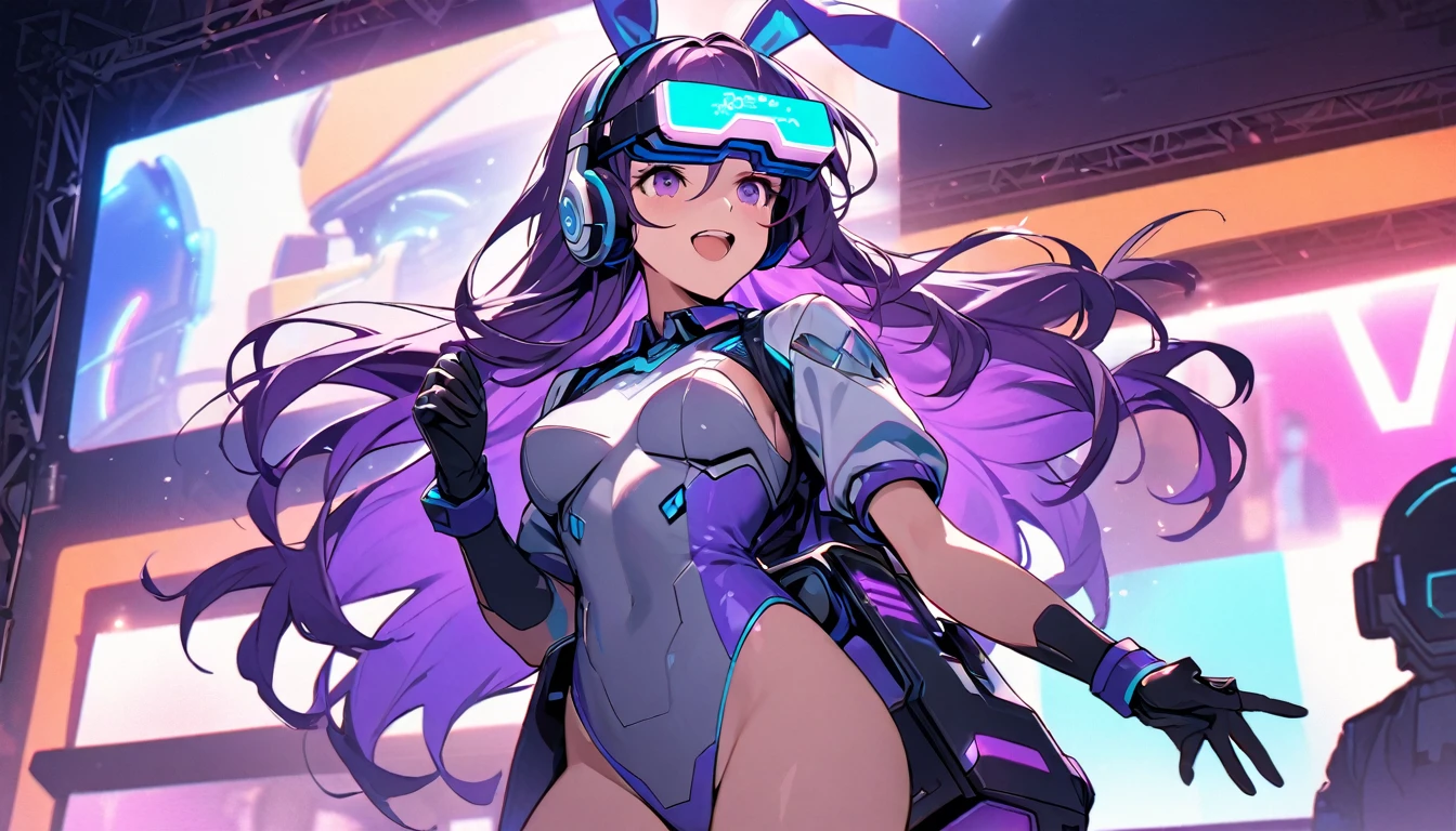 Beautiful girl, single, long hair, purple hair, glowing wires Wearing a half-cap, headphones, bunny ears, a neon-toned sci-fi robot leotard, in the background there is a robot with neon lights. The background image is a large robot, clearly visible. ,on stage, singing, wearing VR glasses