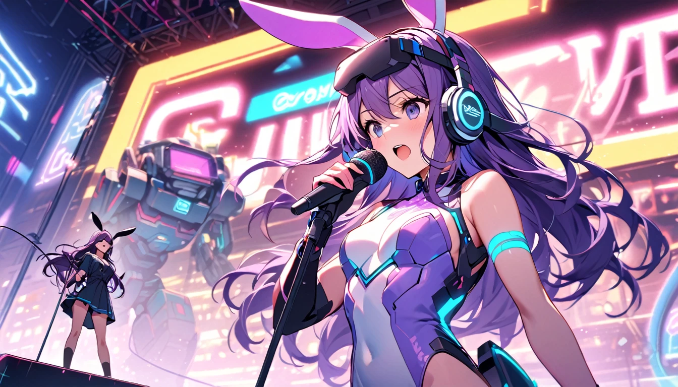 Beautiful girl, single, long hair, purple hair, glowing wires Wearing a half-cap, headphones, bunny ears, a neon-toned sci-fi robot leotard, in the background there is a robot with neon lights. The background image is a large robot, clearly visible. ,on stage, singing, wearing VR glasses