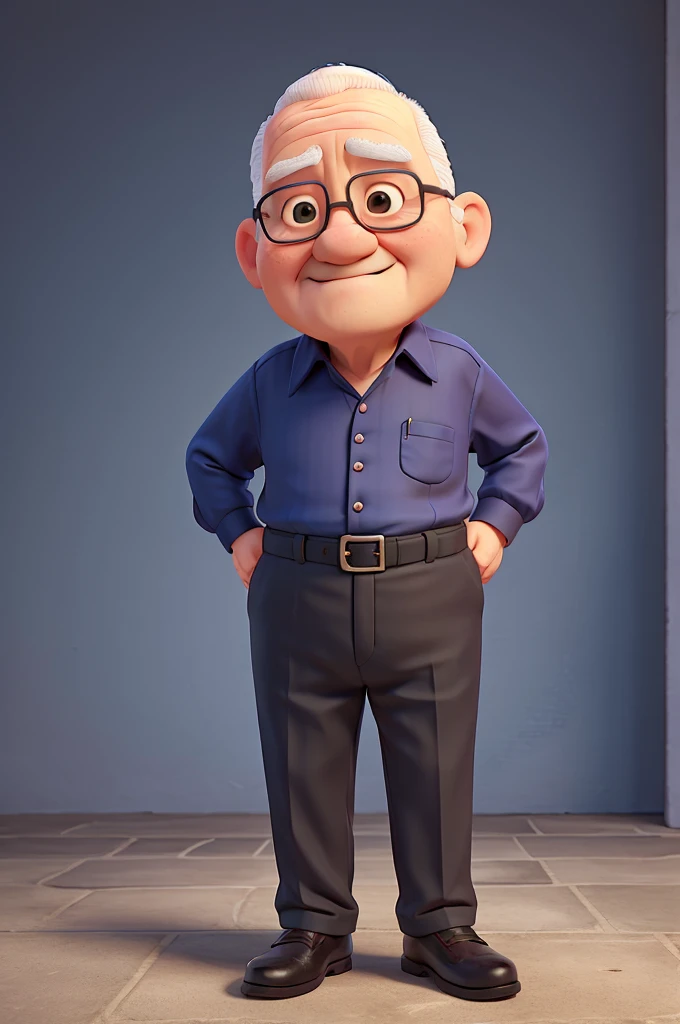 senior citizen, baldie, plumpness, with navy blue dress shirt and black pants