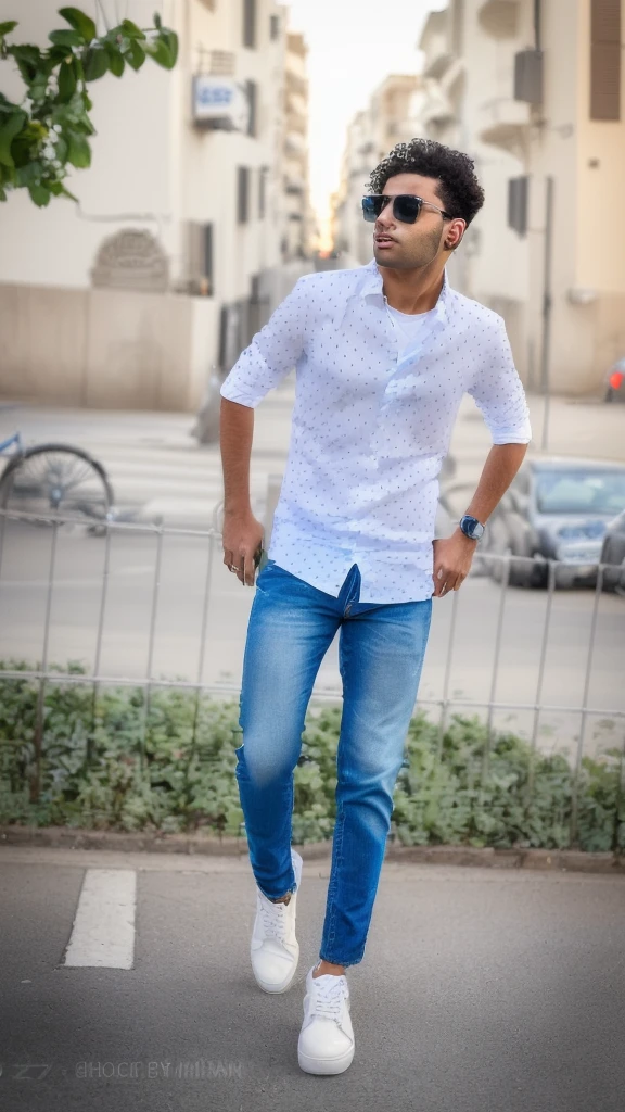 arafed man in a white shirt and blue jeans standing on a sidewalk, with a cool pose, casual photography, full body photogenic shot, candid picture, cool pose, with lovely look, full body picture, stylish pose, casual pose, with accurate face, taken with sony alpha 9, very artistic pose, wearing casual clothing, wearing in shirt, mohamed chahin style