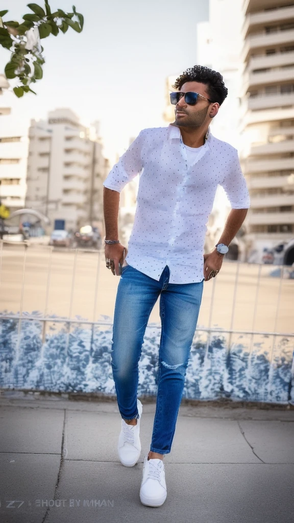 arafed man in a white shirt and blue jeans standing on a sidewalk, with a cool pose, casual photography, full body photogenic shot, candid picture, cool pose, with lovely look, full body picture, stylish pose, casual pose, with accurate face, taken with sony alpha 9, very artistic pose, wearing casual clothing, wearing in shirt, mohamed chahin style