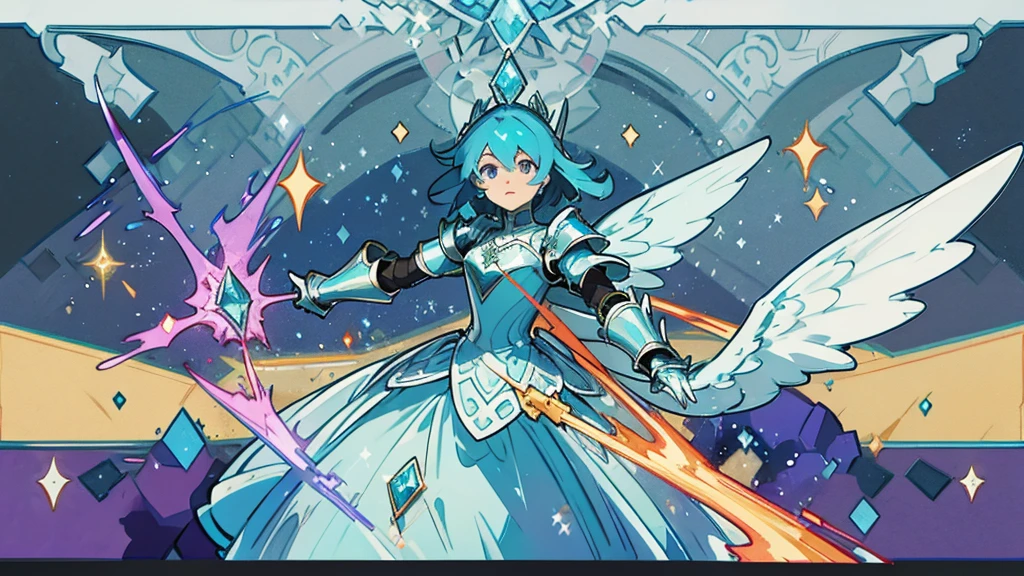 a minecraft background showing mountains and a dungeon. In the middle, a minecraft avatar with bright blue diamond armor in heroic pose, flying forward with wings. In a corner, the minecraft dragon throwing purple fire, with an expression of concern. Add glitter and sparkles to the armor, and arrows that guide the eye towards the dragon. Includes light and shadow effects for depth, with light borders around the avatar. minecraft logo in a corner