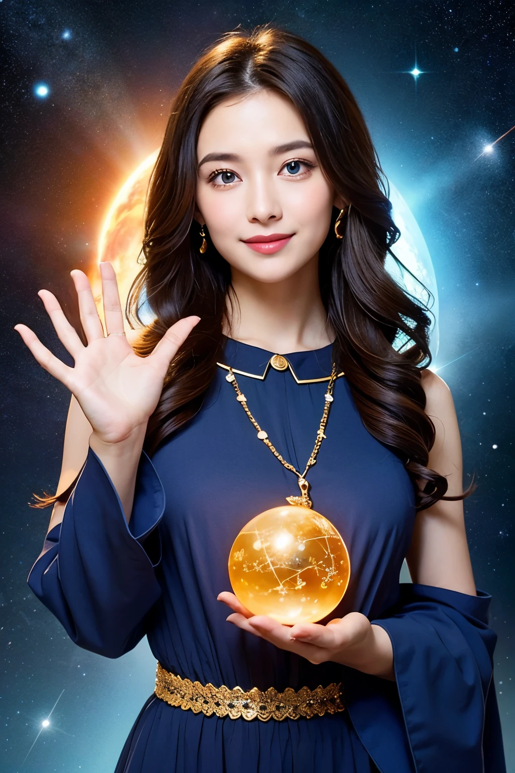 ((Highest quality)), ((masterpiece)), (detailed), Full-length portrait of an astrologer popular among young women。A woman in her late 20s、Long black wavy hair、It exudes a mysterious atmosphere。With big blue eyes、A gentle yet sharp gaze。A small moon tattoo on his forehead。Wearing a purple dress decorated with symbols of the zodiac and planets。
Pause：Standing、Raise your right hand to shoulder height、Waving friendly。Palms facing forward、Fingers slightly open。In his left hand he holds a glowing crystal ball。Turn your body slightly to the left、Smiling brightly and looking at the camera。Her hair appears to be blowing in a light breeze。
In the background、Starry sky and constellation lines wrapped in soft light。Astrology tools around（Astrology chart、Tarot cards etc.）are arranged as if they are floating in the air.。The overall atmosphere is warm、A composition that conveys both friendliness and expertise。With a waving gesture、It expresses a welcome。
Astrology tools around（Astrology chart、Tarot cards etc.）are arranged。In the background、Starry sky and constellation lines wrapped in soft light。The overall atmosphere is warm、A composition that conveys trust and familiarity。