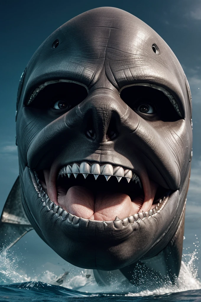 Create a realistic image of a Megalodon from the front, as if it were looking directly at the camera. The Megalodon must be submerged in deep water, with an intimidating and menacing expression, capturing the essence of a dominant prehistoric predator. Details such as sharp teeth, piercing eyes and skin texture must be well highlighted to increase the realism and visual impact of the image.