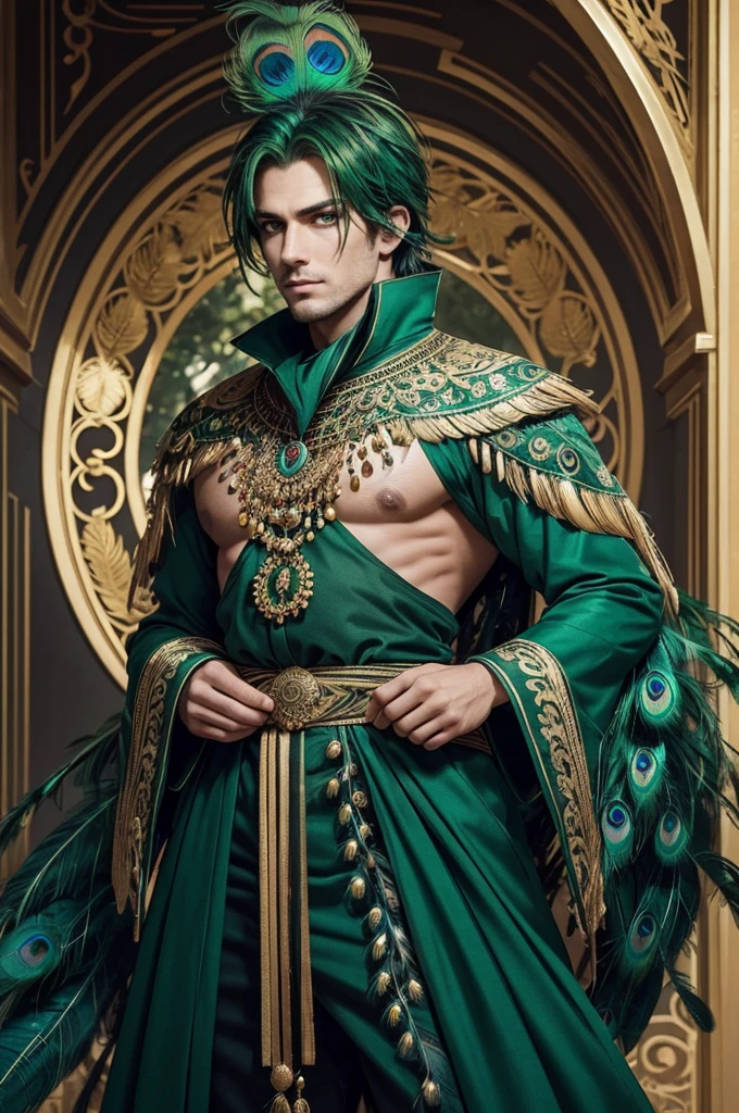[high quality],[Masterpiece], 1 male being, Marked body, peacock species, green feathers, large tail feathers, golden eyes, something infernal look, covered only from the waist down, green hair with feathers, feather decoration on body, serious look, Handsome, elegant, majestic