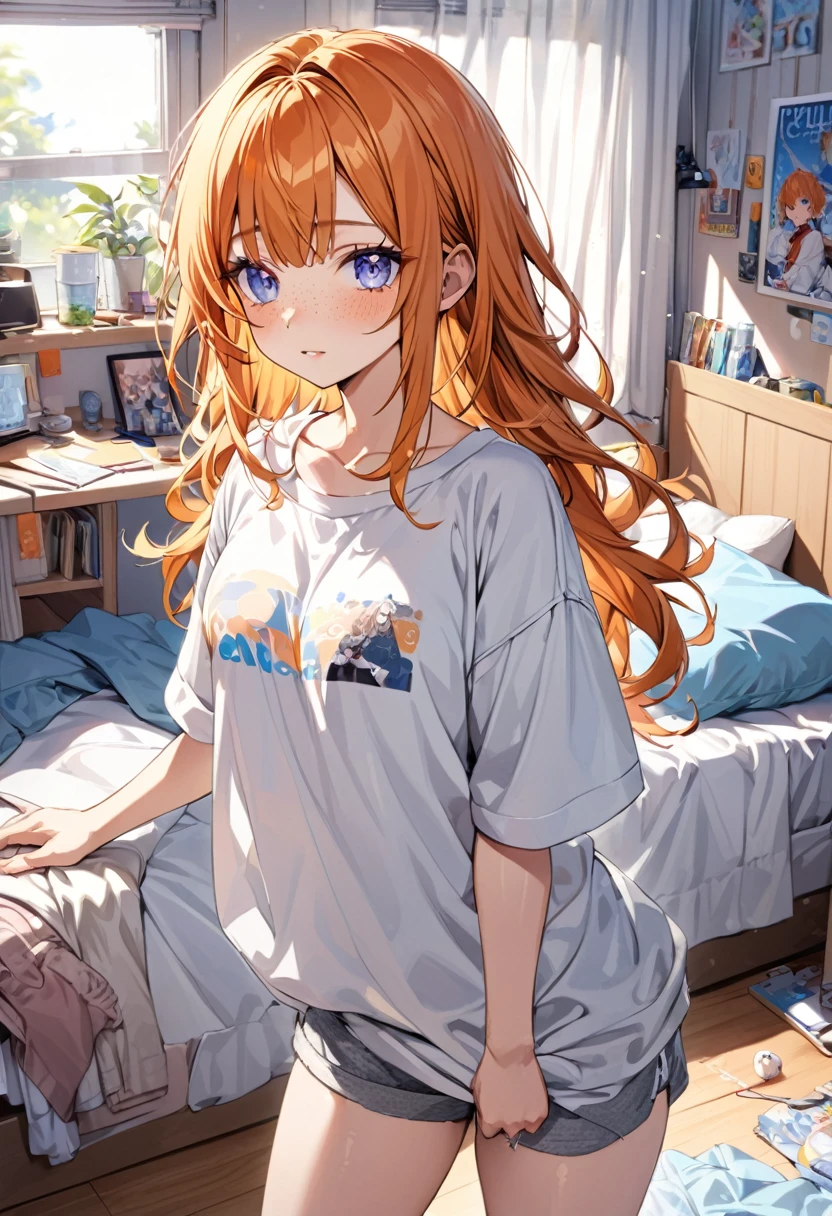 Adult female, long orange hair, messy hair, perfect eyes, perfect silver irises, perfect pupils, freckles baggy shirt, shorts, comfy clothes, messy bedroom, otaku bedroom, highly detailed, best detail, best hands