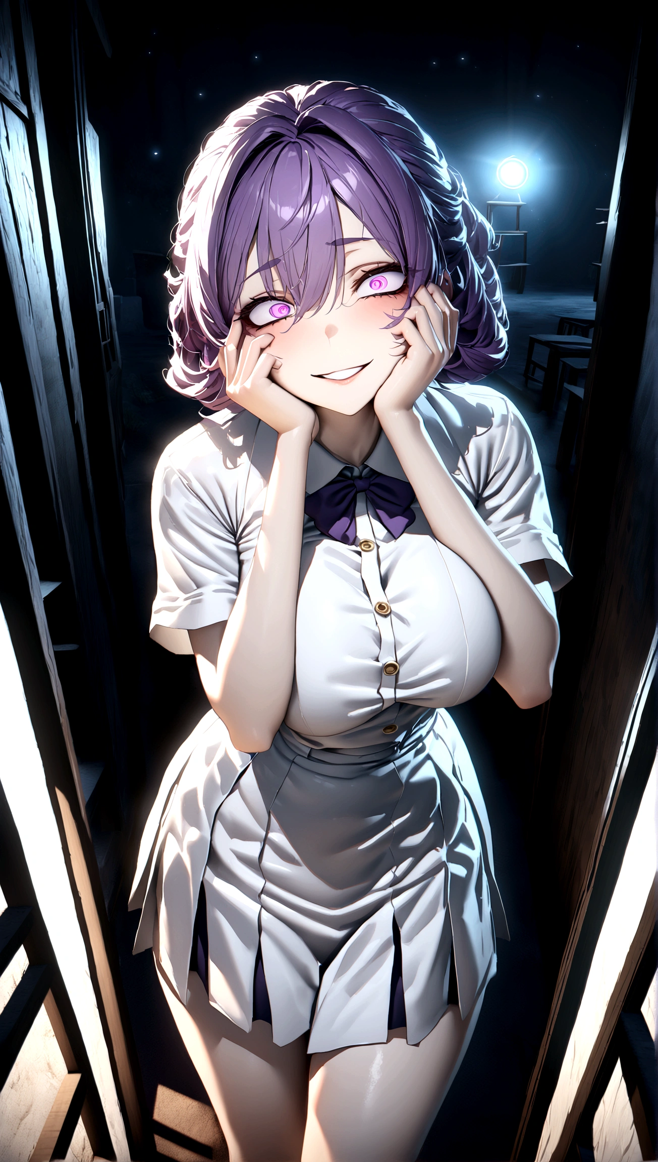 ((Best quality)), ((masterpiece)), (detailed:1.4)), 1girl, short dark purple hair, square bangs, fair skin, purple eyes, sharp eyes, big breasts, thighs, white uniform, short sleeves, skirt with unique patterns, at school, night time, yandere face, yandere, showing teeth, smiling wide, crazy eyes , glowing eyes , crazy smile, Trance , hands on own face,hands on own cheeks, Trance Eyes , yameroyandere , constricted pupils, HDR (High Dynamic Range),Ray Tracing,NVIDIA RTX,Super-Resolution,Unreal 5,Subsurface scattering,PBR Texturing,Post-processing,Anisotropic Filtering,Depth-of-field,Maximum clarity and sharpness,Multi-layered textures, Albedo and Specular maps,Surface shading,Accurate simulation of light-material interaction,Perfect proportions,Octane Render,Two-tone lighting,Wide aperture,Low ISO,White balance,Rule of thirds,8K RAW