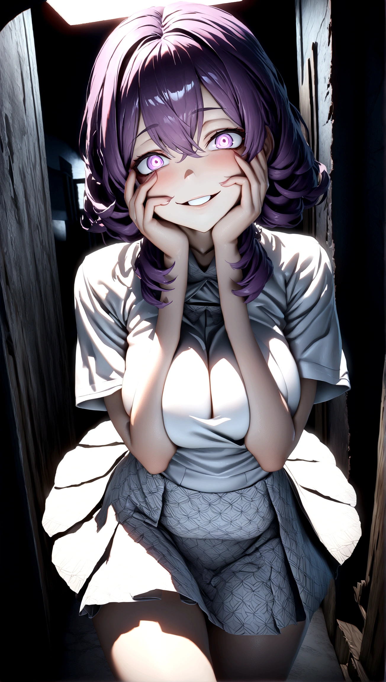 ((Best quality)), ((masterpiece)), (detailed:1.4)), 1girl, short dark purple hair, square bangs, fair skin, purple eyes, sharp eyes, big breasts, thighs, white uniform, short sleeves, skirt with unique patterns, at school, night time, yandere face, yandere, showing teeth, smiling wide, crazy eyes , glowing eyes , crazy smile, Trance , hands on own face,hands on own cheeks, Trance Eyes , yameroyandere , constricted pupils, HDR (High Dynamic Range),Ray Tracing,NVIDIA RTX,Super-Resolution,Unreal 5,Subsurface scattering,PBR Texturing,Post-processing,Anisotropic Filtering,Depth-of-field,Maximum clarity and sharpness,Multi-layered textures, Albedo and Specular maps,Surface shading,Accurate simulation of light-material interaction,Perfect proportions,Octane Render,Two-tone lighting,Wide aperture,Low ISO,White balance,Rule of thirds,8K RAW