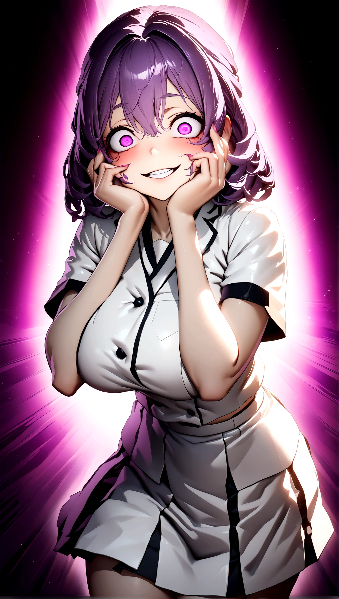 ((Best quality)), ((masterpiece)), (detailed:1.4)), 1girl, short dark purple hair, square bangs, fair skin, purple eyes, sharp eyes, big breasts, thighs, white uniform, short sleeves, skirt with unique patterns, at school, night time, yandere face, yandere, showing teeth, smiling wide, crazy eyes , glowing eyes , crazy smile, Trance , hands on own face,hands on own cheeks, Trance Eyes , yameroyandere , constricted pupils, HDR (High Dynamic Range),Ray Tracing,NVIDIA RTX,Super-Resolution,Unreal 5,Subsurface scattering,PBR Texturing,Post-processing,Anisotropic Filtering,Depth-of-field,Maximum clarity and sharpness,Multi-layered textures, Albedo and Specular maps,Surface shading,Accurate simulation of light-material interaction,Perfect proportions,Octane Render,Two-tone lighting,Wide aperture,Low ISO,White balance,Rule of thirds,8K RAW
