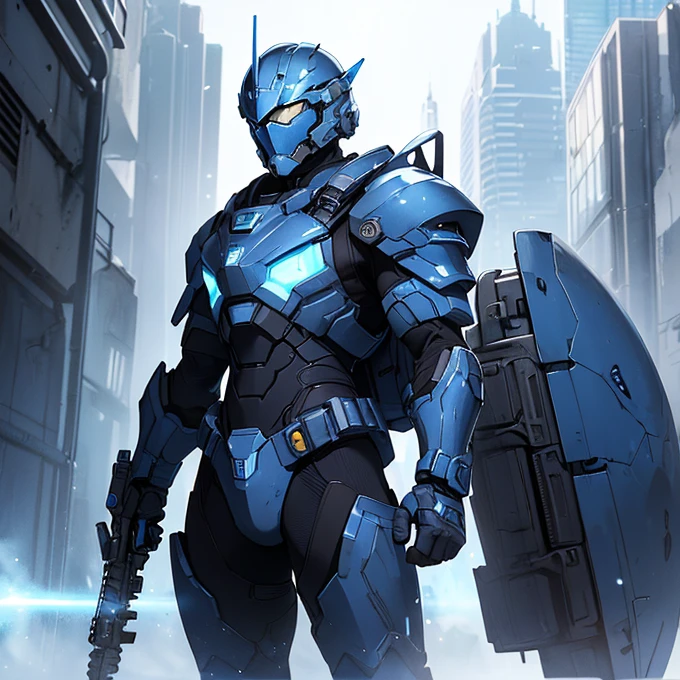 (absurdres, best high quality image, carefuly detailed features and textures, very detailed image, solo character alone, full character view and design): {{(1character: space male super soldier), (blue bulky space battle armor, blue full helmet showing no face, light blue lined visor, blue shoulder plates, blue breast plate with, white crystal in the upper breast plate, blue gauntlets, blue elbow plates, blue long plate boots, blue bulky bag back pack), (blue laser blue heavy assault rifle), (calm priffesional, on patrol and on guard), (futuristic human snowy city with light rays from the blue sky)}}