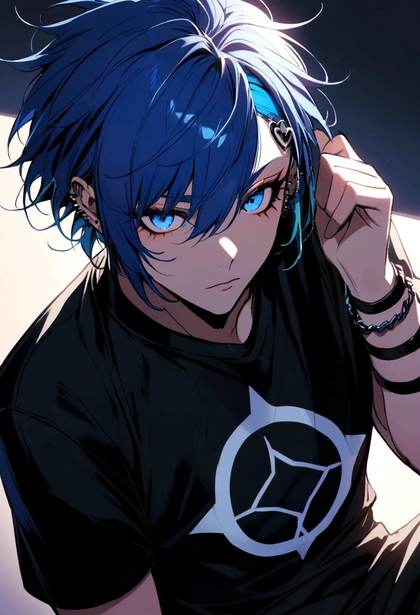 A man with blue hair and punk, blue colored eyes, black t-shirt and babymetal band symbol