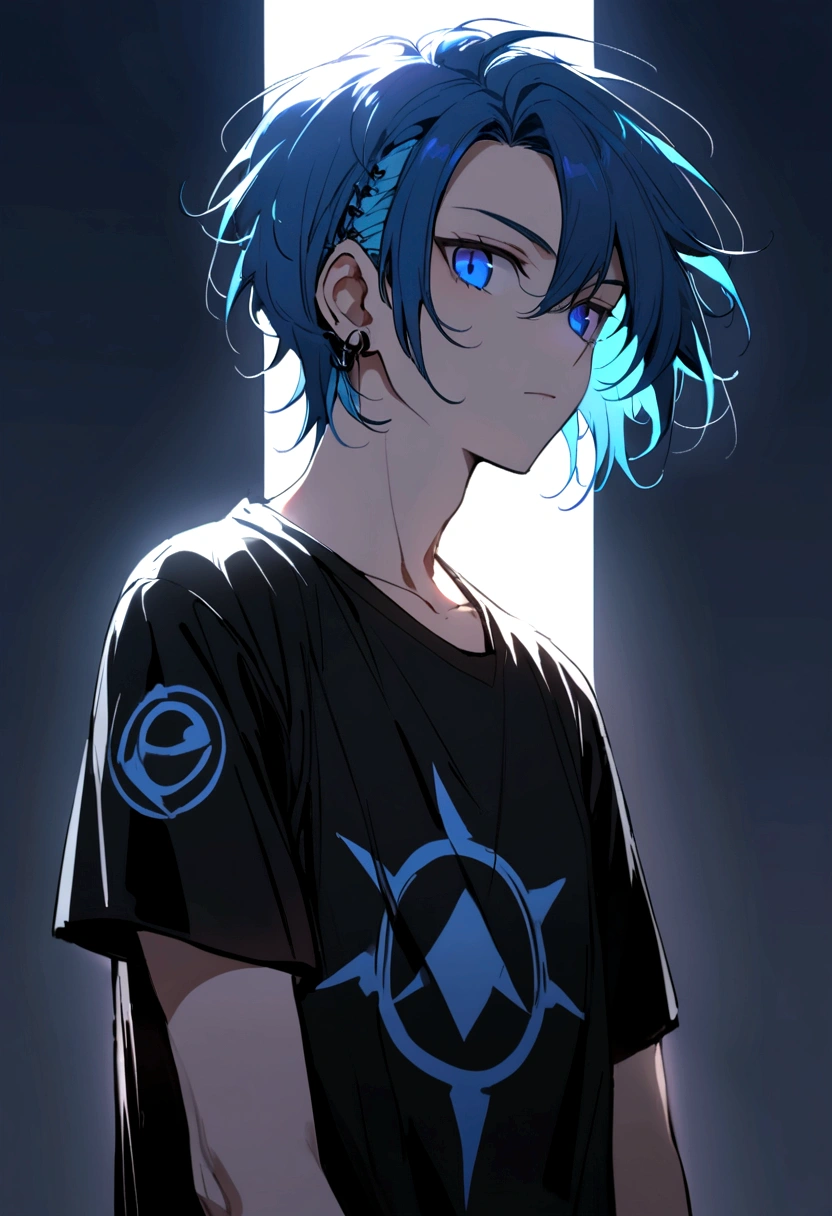 A man with blue hair and punk, blue colored eyes, black t-shirt and babymetal band symbol