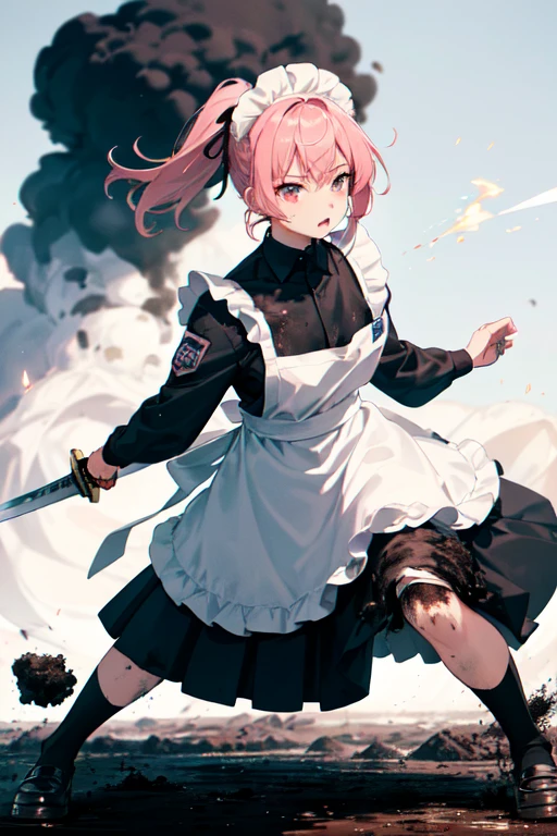 (((Highest quality)))(((High resolution)))((detailed))((Attention to detail))(Draw the whole body)cute, Pink Hair, Maid clothes(白と黒のMaid clothes,White ?????, Headband, ribbon, Classic), (Fighting with a large sword in hand), Holding a sword, Burning Battlefield, A strong enemy in front of me, His clothes are slightly torn after being attacked., The clothes are dirty, ((Clothes are dirty with soot and mud:1.6))((服がTatteredquality:1.6)), fierce fighting, Tattered, Covered in mud, Covered in soot, sparks, Fighting desperately, (全身Tattered), wasteland,