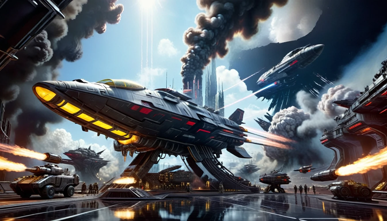 Huge futuristic spaceship、Space battle scene、A huge enemy spaceship looms in the distance.、Command bridge overlooking the battle、Cinematic lighting、Very detailed、Epic Scale、intricate mechanical design、Shining neon lights、Reflective Metal Surface、Billowing smoke and exhaust、Heavy combat damage、Dynamic camera angles、Dramatic lighting and shadows、Surreal、Photorealistic、8k resolution、masterpiece