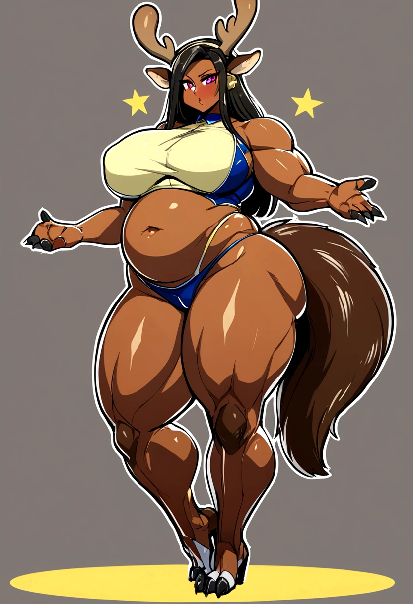 quadrupedal, 4 thin legs, Deer like a tail, Deer like ears, Deer like horns, Dark skin, Chubby belly, Wide Hips, Thick thighs, Massibria.