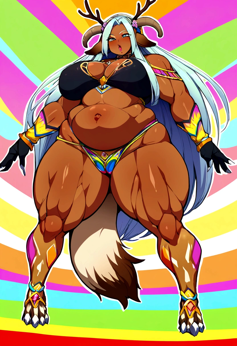 quadrupedal, 4 thin legs, Deer like a tail, Deer like ears, Deer like horns, Dark skin, Chubby belly, Wide Hips, Thick thighs, Massibria.