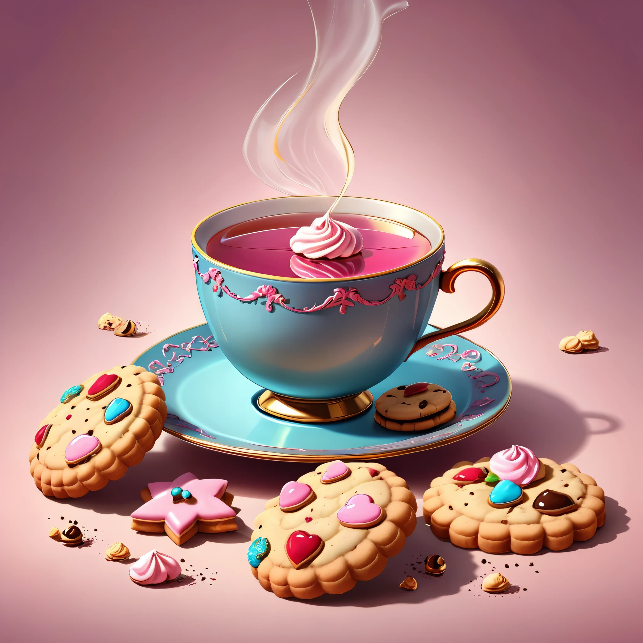 (masterpiece), (best quality), (ultra detailed), a cartoon illustration of luxury cookies and tea, aesthetic, fantasy, 12k resolution, pink undertones