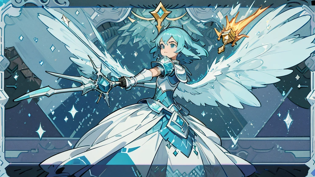 a minecraft background showing mountains and a dungeon. In the middle, a minecraft avatar with bright blue diamond armor in heroic pose, flying forward with wings. In a corner, the minecraft dragon throwing purple fire, with an expression of concern. Add glitter and sparkles to the armor, and arrows that guide the eye towards the dragon. Includes light and shadow effects for depth, with light borders around the avatar. minecraft logo in a corner