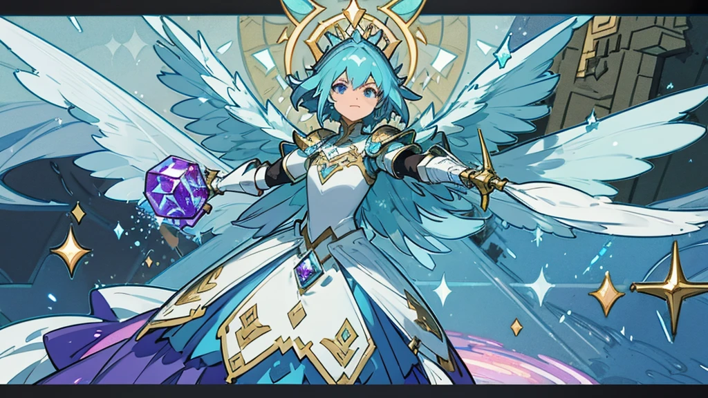 a minecraft background showing mountains and a dungeon. In the middle, a minecraft avatar with bright blue diamond armor in heroic pose, flying forward with wings. In a corner, the minecraft dragon throwing purple fire, with an expression of concern. Add glitter and sparkles to the armor, and arrows that guide the eye towards the dragon. Includes light and shadow effects for depth, with light borders around the avatar. minecraft logo in a corner