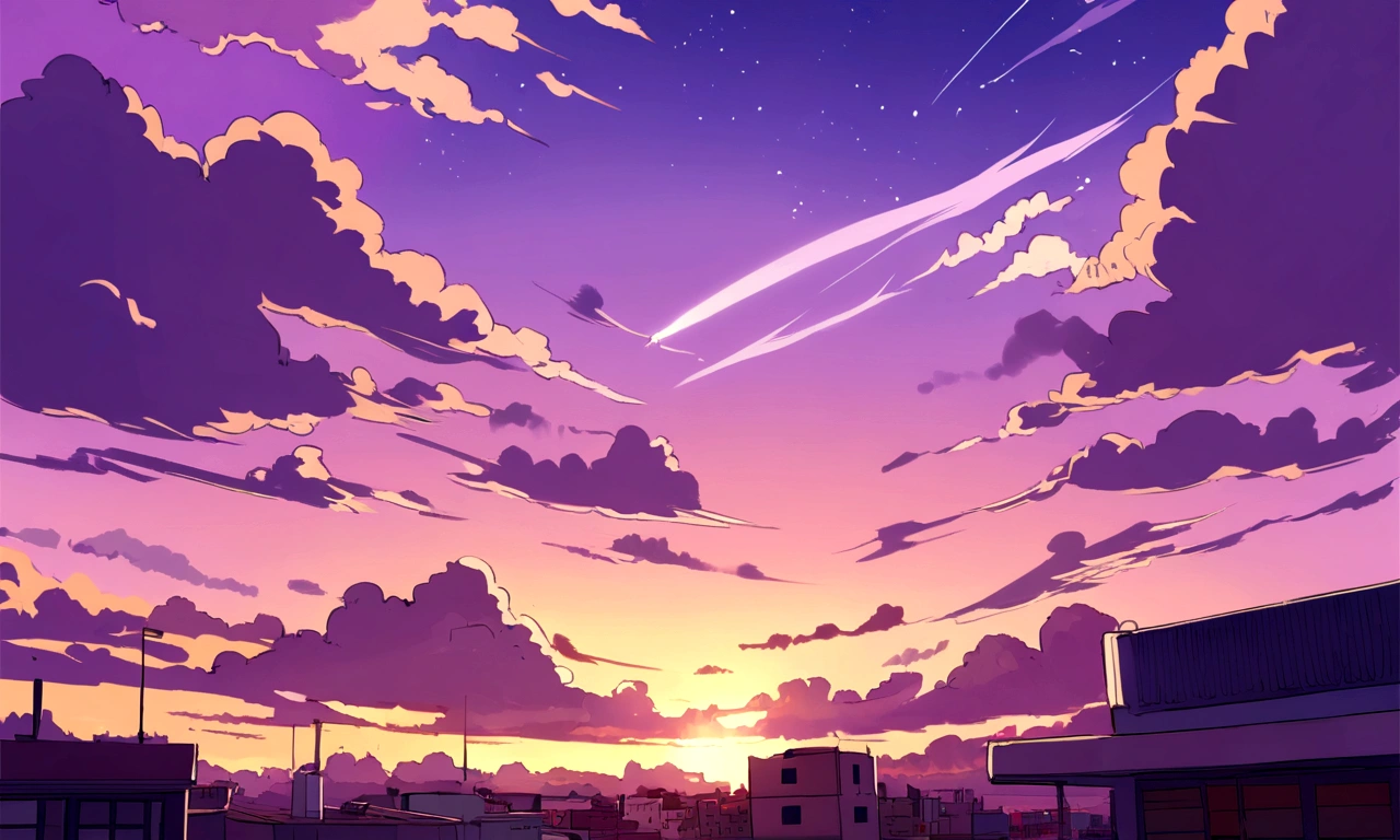 Beautiful purple sunset, white plane in the background, fluffy clouds