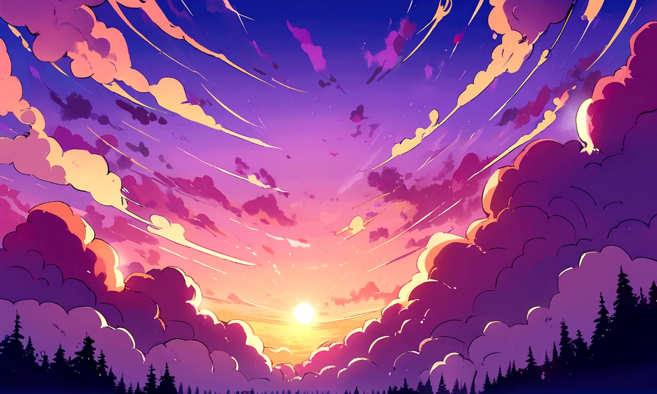 Beautiful purple sunset, white plane in the background, fluffy clouds