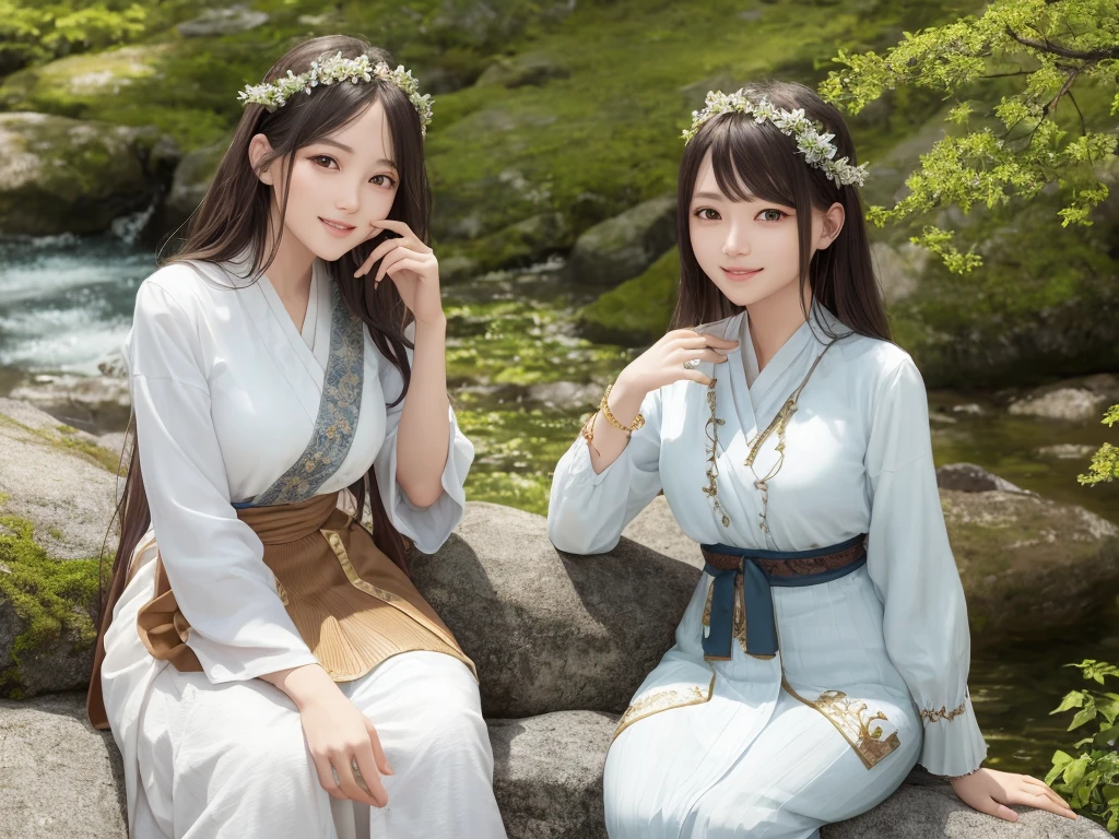 Cute Woman sitting on rock 、Beautiful forest, high mountains of the Alps, one bird 、Realistic, Masterpiece, Cinematic, Gorgeous national costume, detailed beautiful eyes, Gorgeous national costume, beautiful detailed eyes, a smile that reveals a hint of white teeth