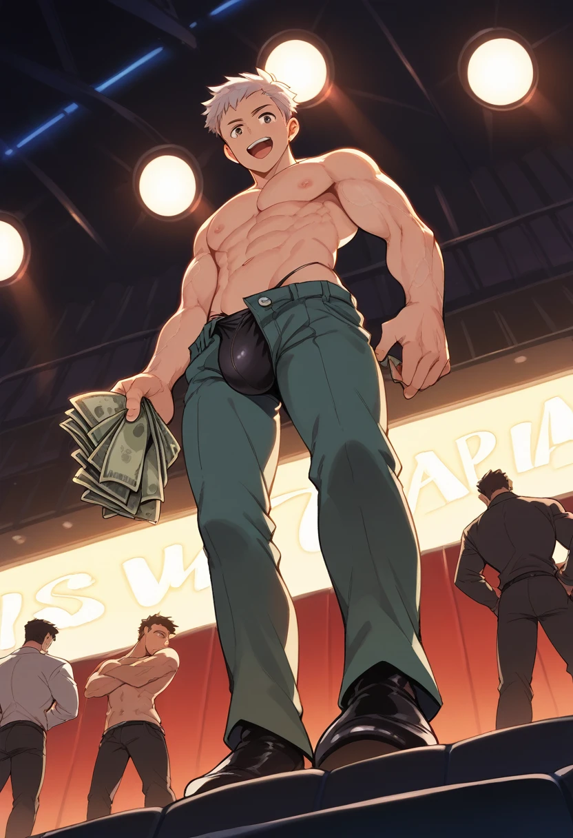 (score_9,score_8_up,score_7_up,score_6_up,score_5_up,score_4_up, source_anime), 8k, best quality, best lighting, BREAK, 1boy, 18yo, male face, male eyes, male focus, (tareme), toned, six pack, ((((wearing black string panties)))), (veiny arms), huge penis shape bulge, flaccid, huge testicles shape bulge, foreskin, thick outline, spread legs, squatting on stage, strip theater, neon light, (from below: 2), ,wide shot, look at viewer, tangue out , open mouth, touching bulge, black high heels, topless, horny face, (((dark strip theater))), stripping, ((Money flying everywhere)), strip show