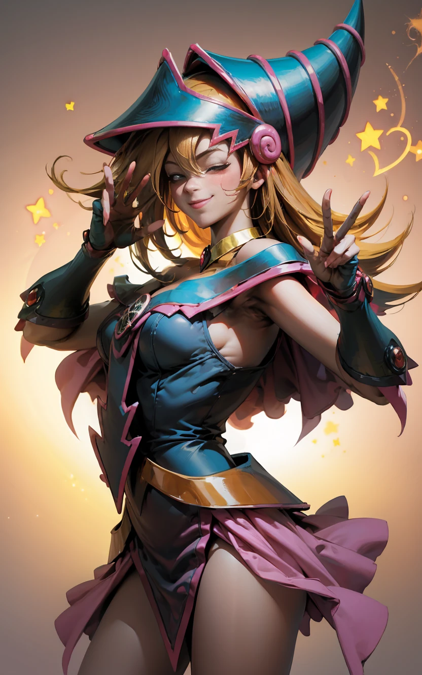 dark magician gils. Making the peace and love sign with his fingers, smile . Magic of hearts in the air. Sensual and seductive pose. Mystical magic background