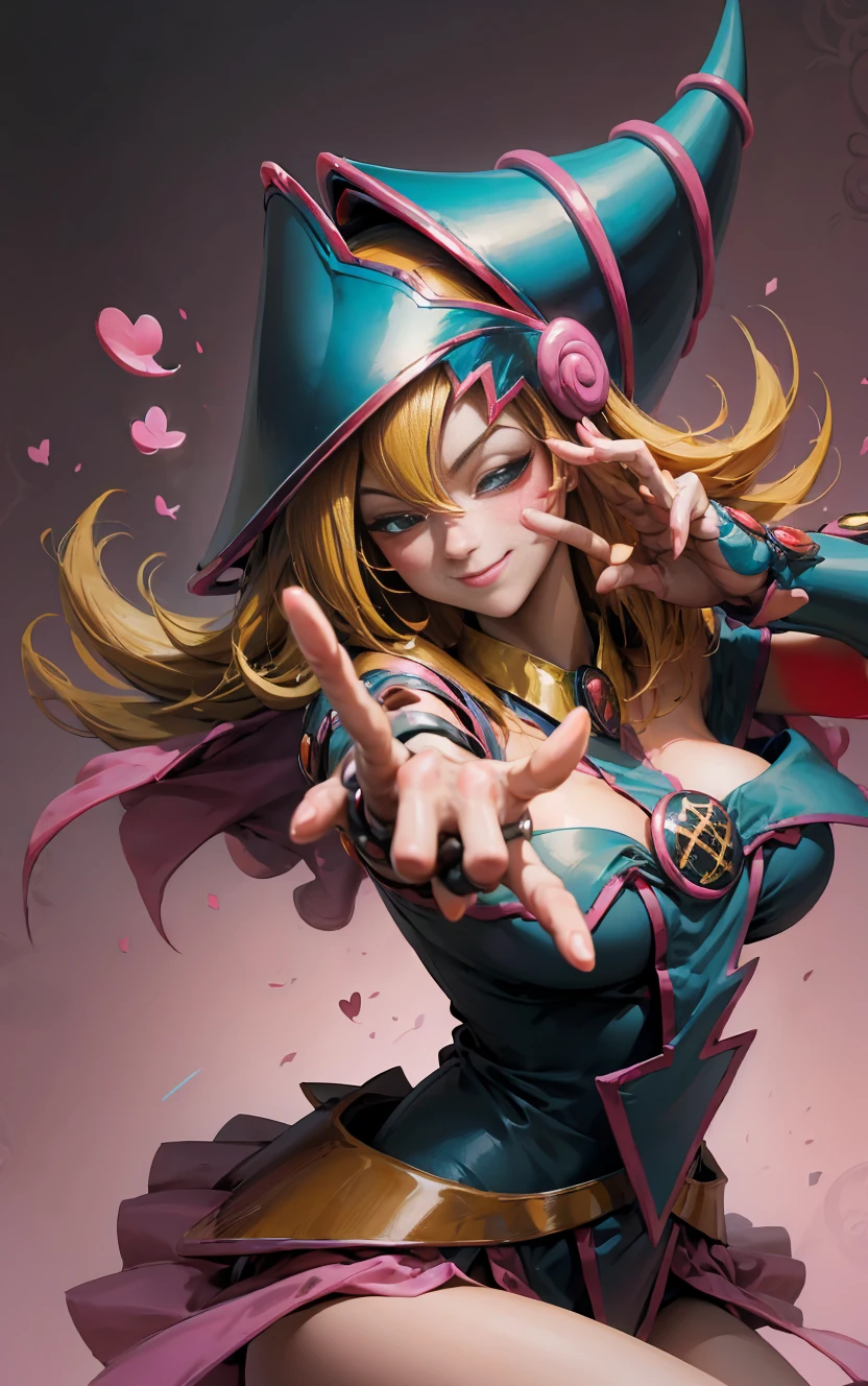 dark magician gils. Making the peace and love sign with his fingers, smile . Magic of hearts in the air. Sensual and seductive pose. Mystical magic background