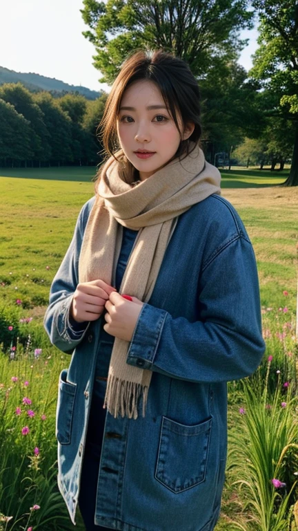 8K, Highest quality, masterpiece, Realistic, Super detailed, photo Realistic, Improvement of quality, Photo of a girl standing in a field wearing a scarf, The designer&#39;s dark and gloomy style, Large chunk, Photobash, Calm face, Jagged Edges, navy, Natural Beauty, Close-up shot