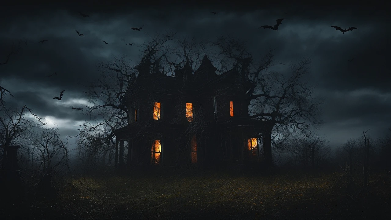 dark stormy night, ominous clouds, twisted trees, full moon, bats flying, cobwebs, abandoned and decaying, dark shadows, flickering candles, howling wind, dramatic lighting, horror atmosphere, moody colors, cinematic style