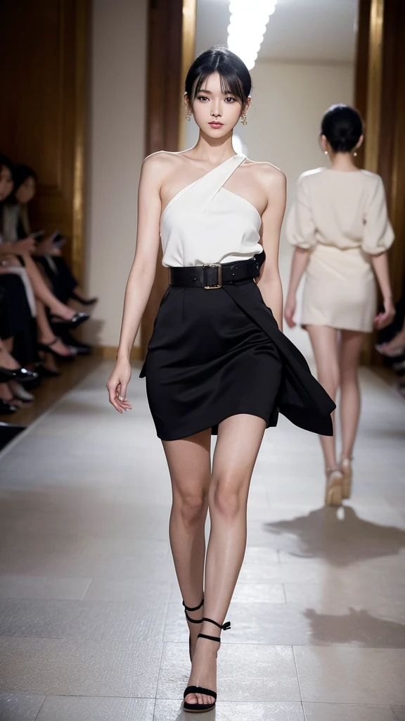 Japanese women, so beautiful, Perfect Face, Very short hair, She is a model，Walking down the catwalk in a gorgeous outfit at Paris Fashion Week, Wear expensive earrings, perfect full body, Sexy beauty、Top model aura、She is photographed