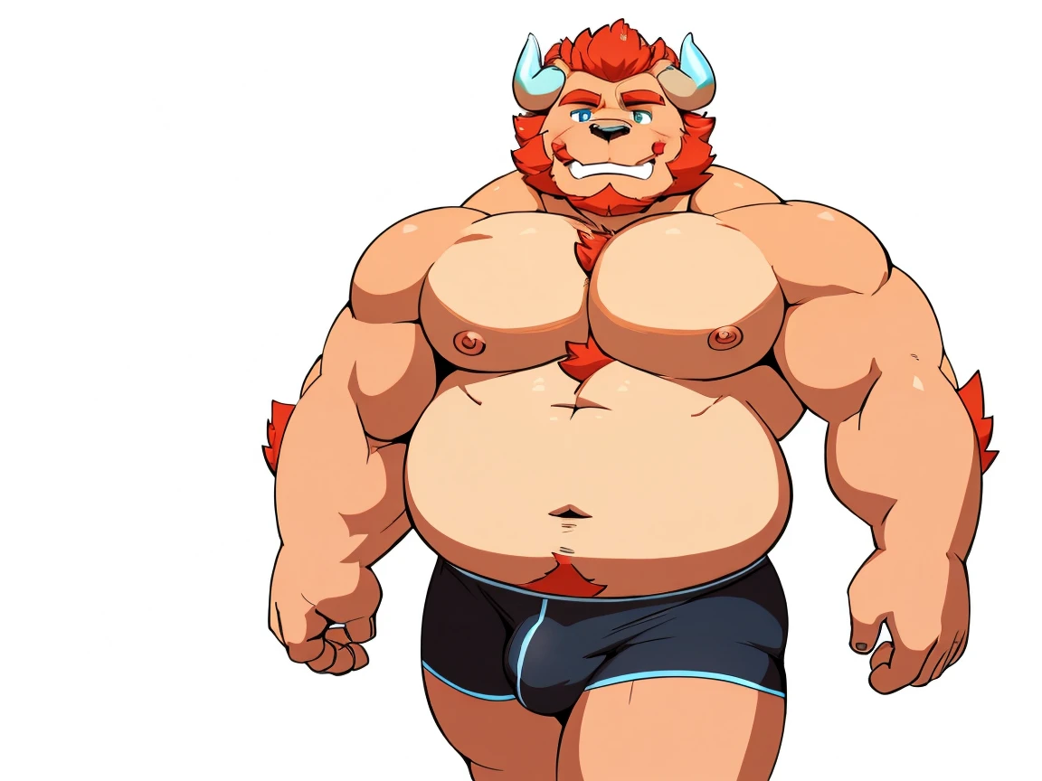 chernobog, big belly, chubby, masculine focus, underwear, bulge, nipples, full body, walking, full frontal, white background, 80s flat vector fashon art style 