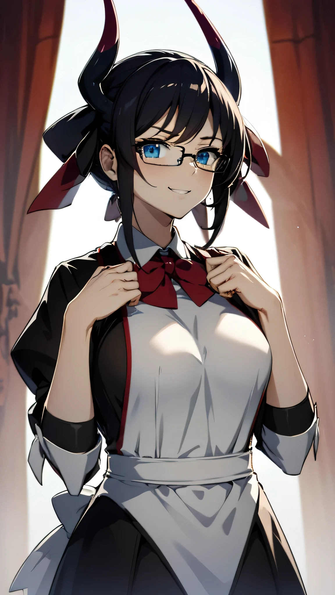 (masterpiece, best quality:1.2),1girl,mature female,pale skin,small breasts:1.49,dragonmaid house, house dragonmaid, yugioh, hair bow, short hair, black hair, (blue eyes:1.5),(black dress with a white arpon:1.2), eye details,teasing smile, clean detailed anime art,high resolution, (perfect hands, perfect anatomy),wear eye glasses, anime style, dragon horn on head,tigh clotches, bare shoulder, opened breast, breast, cum on breast