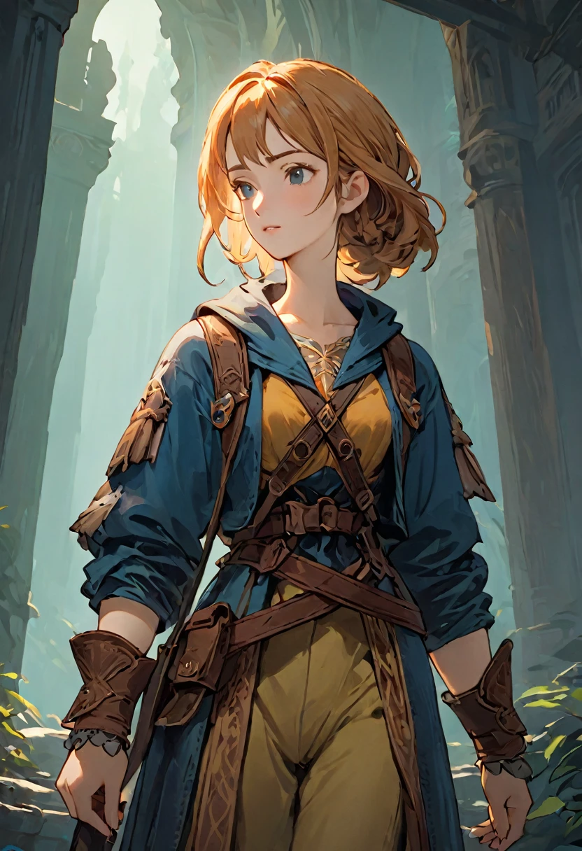 Female Adventurer, whole body, Game Art Style, (masterpiece),  Highest quality, High resolution, 4K, 8K, Detailed illustrations, Exquisite detail, Cinema Lighting, Great quality, One girl, a healthy woman, Great shade, Soft lighting, To the camera, Perfect Eyes