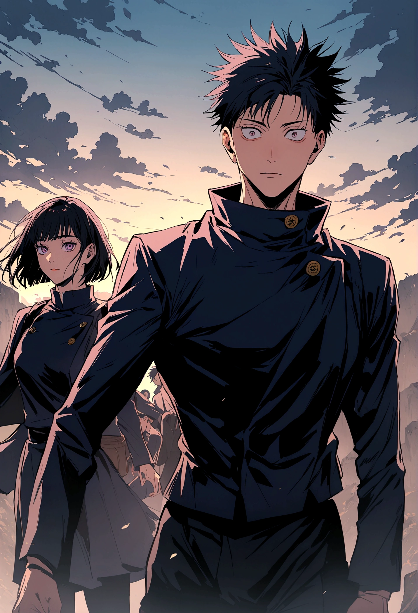 jujutsu Kaisen scene of a male whith purple and black hair and carmesim eyes. she is wearing jujutsu Kaisen dark Blue uniform
