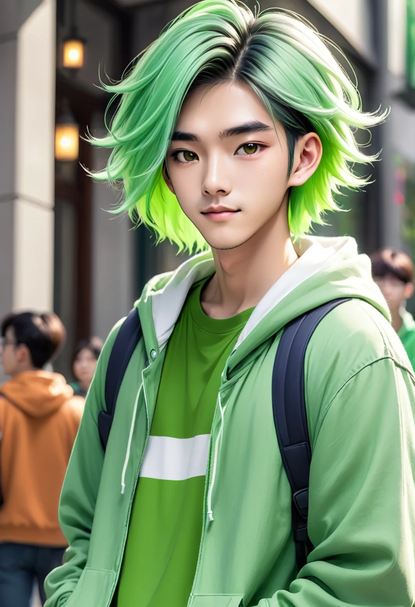 create a male asian college student with light green hair and green clothes