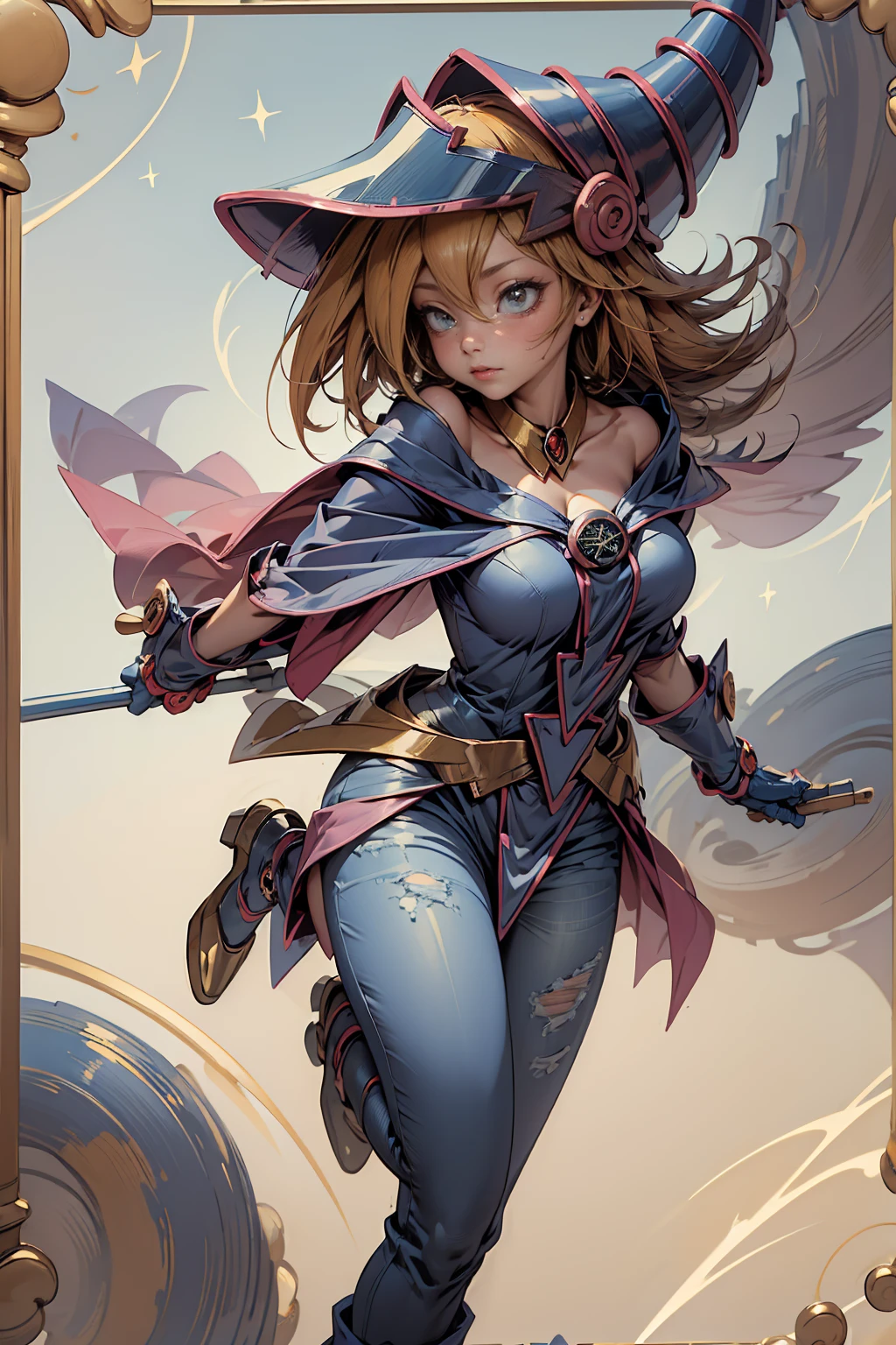 (Masterpiece:1.2), (The best quality:1.2), perfect lighting, Dark Magician Girl casting a spell, floating in the air, big tits, neckline, magic background. Transparent hearts in the air, blue robe, big hat, From above, sparkles, Yugioh Card in the background. In heels and with jeans 