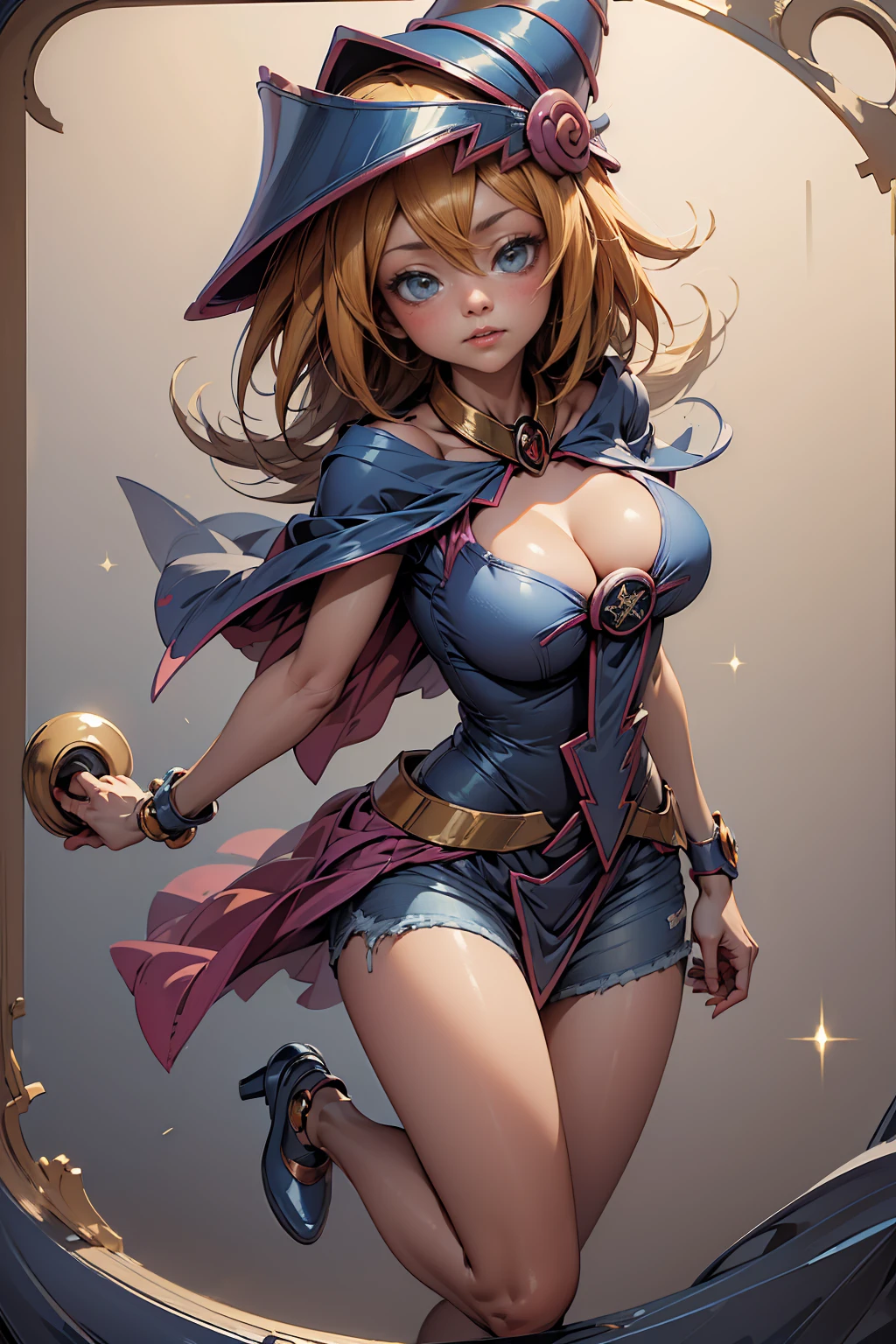 (Masterpiece:1.2), (The best quality:1.2), perfect lighting, Dark Magician Girl casting a spell, floating in the air, big tits, neckline, magic background. Transparent hearts in the air, blue robe, big hat, From above, sparkles, Yugioh Card in the background. In heels and with jeans 