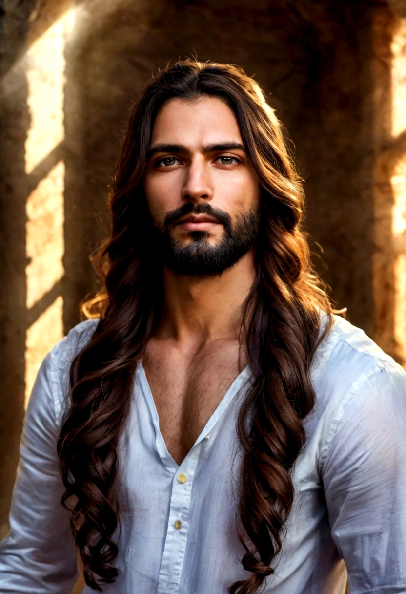 best quality,4k,8k,Altas,master part:1.2),ultra-detalhado,(Realistic,fotorrealista,photo-realistic:1.37),jesus cristo,estilo de arte tradicional,vivid and realistic,modern city,Chicago,Charismatic expression,postura humilde,modern interpertation,Noble Features,finely detailed facial features,dynamic compositing,Paradisiacal scenery,olhar confiante,,ambiente com Luz do sol dourada iluminando a cena,aura de angelical,atmosphric perspective,Explosive lighting, Jesus the man, racially ambiguous, loving, eyeliner, brown skin