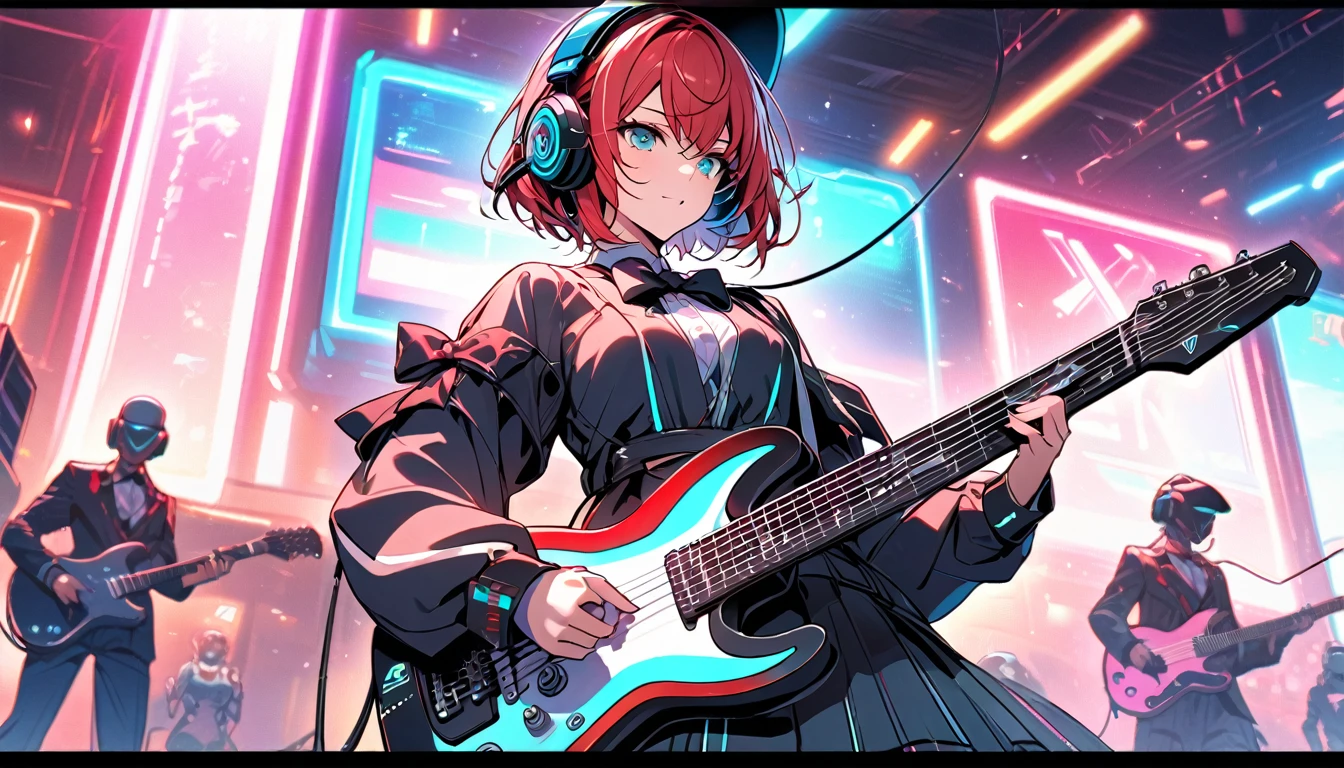 Beautiful girl, single, cool short hair, red hair, glowing wires. Wears a half hat, headphones, bow tie, mixed with sci-fi and neon tones. In the background is a robot with neon lights. The background image is a large robot, clearly visible. ,On stage, playing guitar, wearing a VR helmet.