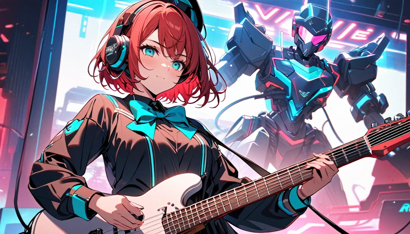 Beautiful girl, single, cool short hair, red hair, glowing wires. Wears a half hat, headphones, bow tie, mixed with sci-fi and neon tones. In the background is a robot with neon lights. The background image is a large robot, clearly visible. ,On stage, playing guitar, wearing a VR helmet.