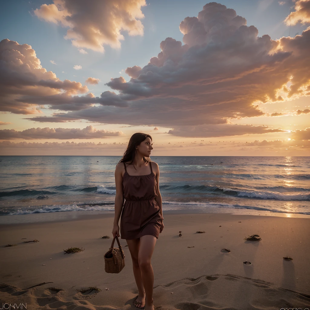 a woman in a short dress at the beach with a sunset. it must be a realistic photo 
