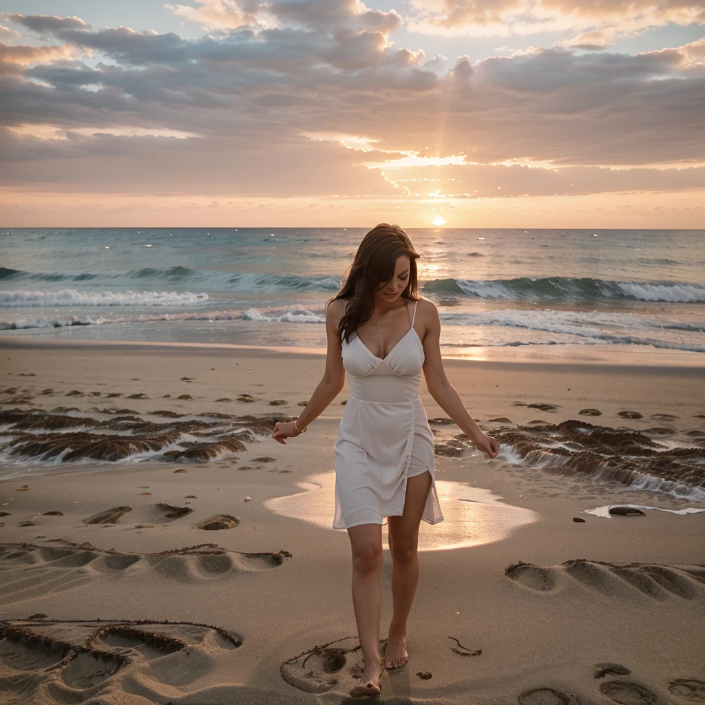 a woman in a short dress at the beach with a sunset. it must be a realistic photo