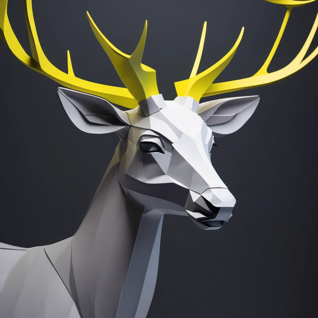 Close up of a paper sculpture of a long-necked deer, Abstract sculpture by Peter Alexander Hay, Multi-count, new sculpture, Stylized for 3D rendering, surreal hybrid animals, Expressed in 3D rendering, Digital Sculpture, 3d minimalistic art, Stylized 3D graphics, Rendering in Maya, Cycle4dレンダリング, Stylized Neon Lights,Shiga,Simple Background,Dark Gray Background