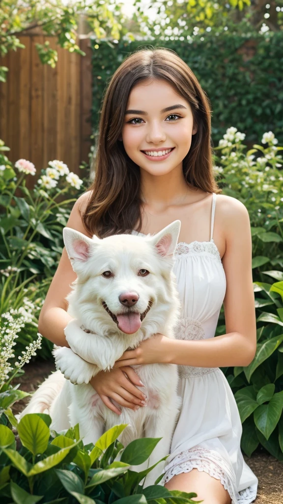 A girl beautiful picture for garden and girls hand beautiful white dog and girls face smile 