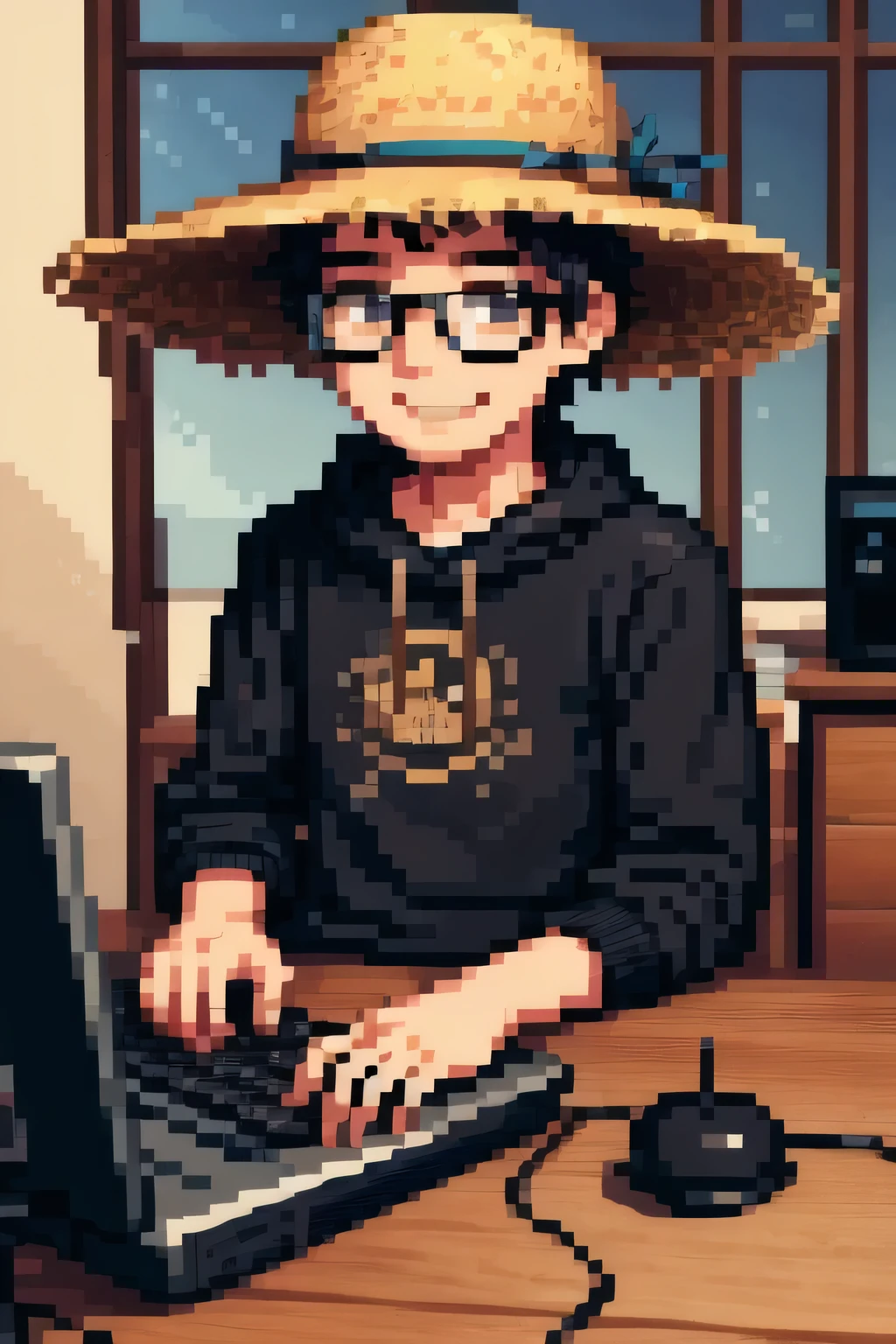 (masterpiece, best quality), a boy with glasses, straw hat, typing on an old computer, Grinning, black sweatshirt