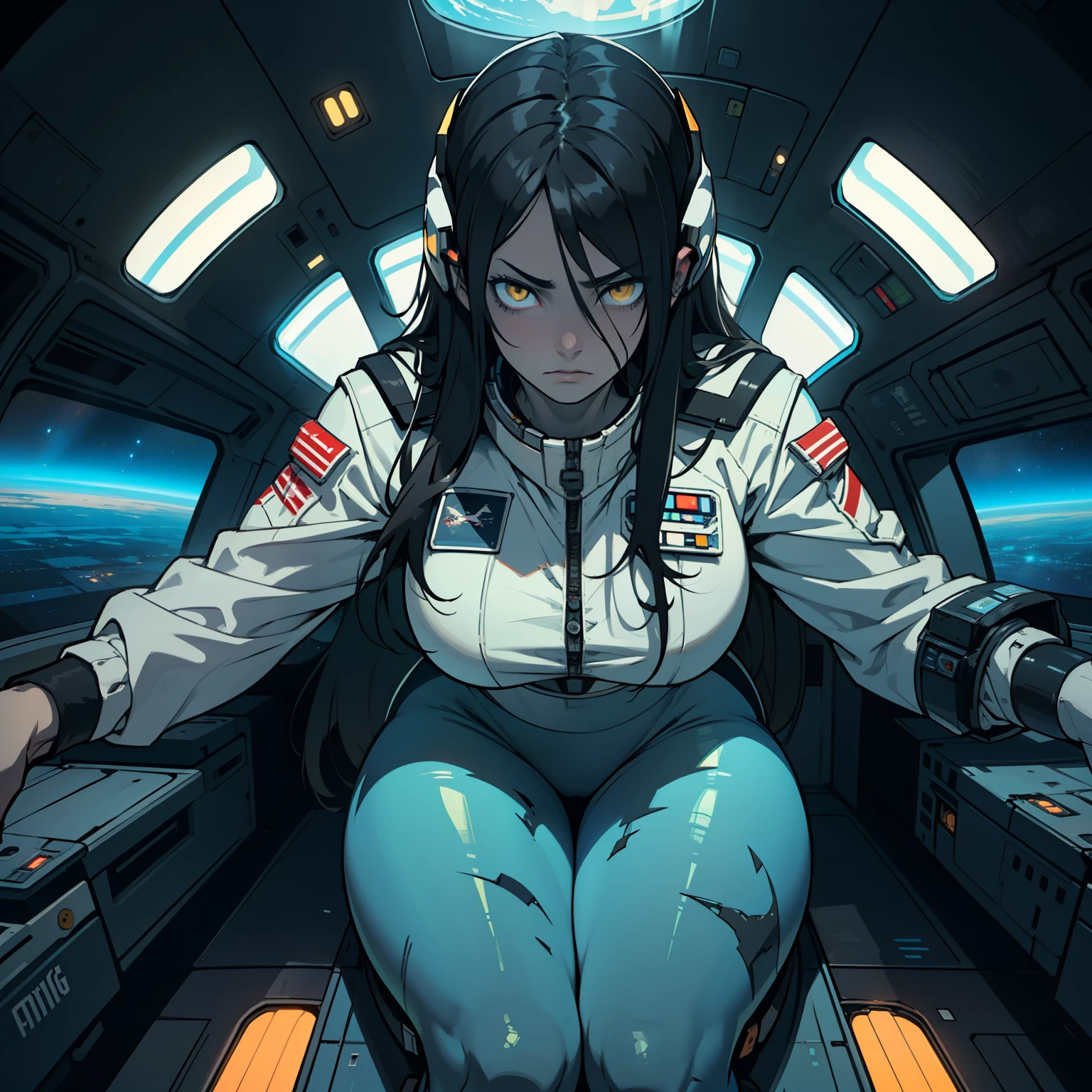 1girl solo black hair yellow eyes very long hair pale skin muscular muscular muscular muscular toned body huge muscles thick thighs girl messy hair leggings tight shirt long sleeves thick thick thick thick thick thick (piloting spaceship) (piloting spaceship) (piloting spaceship) (piloting spaceship) (piloting spaceship) (piloting spaceship) (piloting spaceship) expressionless sad dark atmosphere dark atmosphere dark atmosphere dark atmosphere dark atmosphere