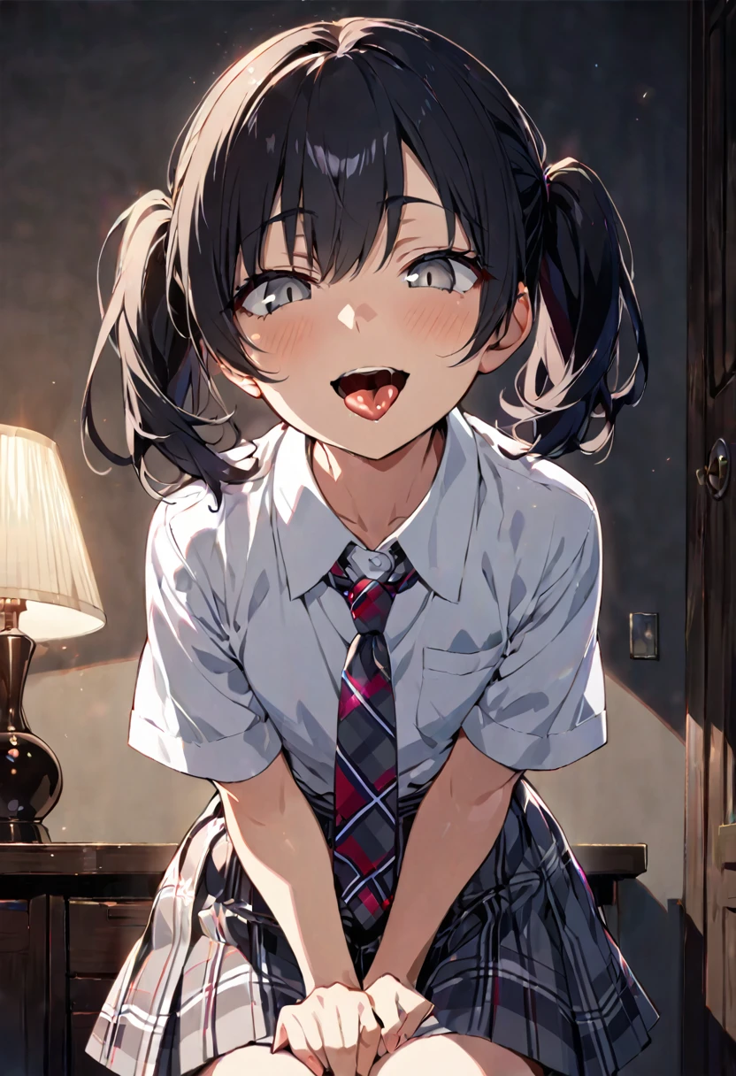 (handjob,side view),face focus,eye-level shot,,Short sleeve shirt,Checked tie,Checked Skirt,open mouth,tongue out,cum on tongue,lick,(1girl,Beautiful 14 year old girl),front face,from front,looking at viewer, looking ahead,Black Hair,Short Twin Tails,Gray Eyes,Drooping eyes,slit pupils,narrow eyes.Beautiful and detailed anime art,Mischievous smile,Dimly lit room,Simple Background,Gray background,Low lighting