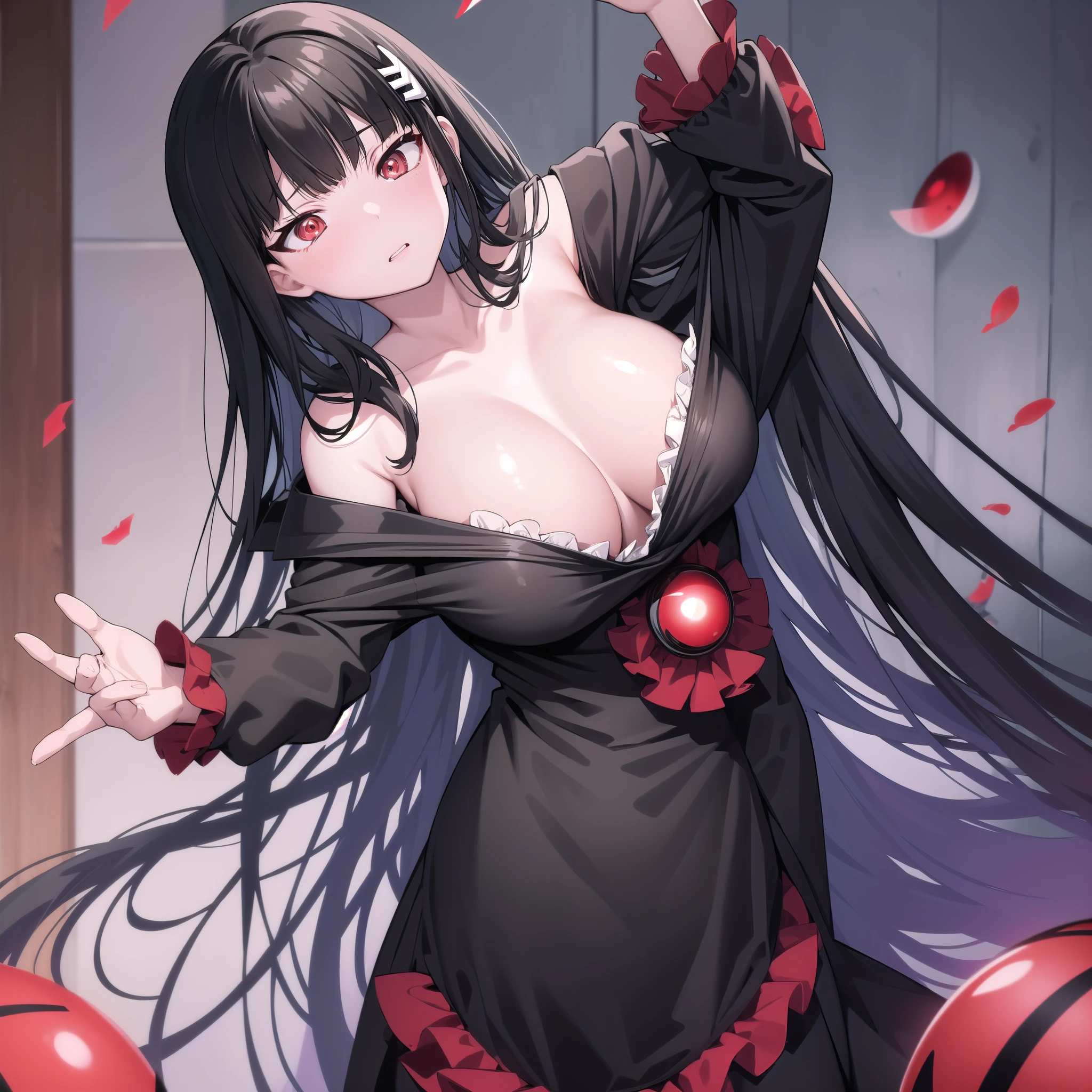 Rivertsukatsuki, River, black hair, (red eyes:1.5), hair ornament, hairclip, Halation, long hair,
、Extremely large breasts(7200)、、I can see your chest、Nipples are visible、Off-the-shoulder maid uniform、Black frill mini dress、Front facing、